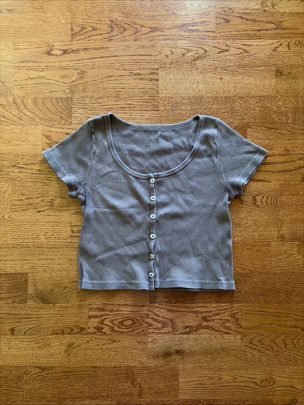 John Galt Brandy Melville Zelly Brown Ribbed Short Sleeve Button Front Top Tee
